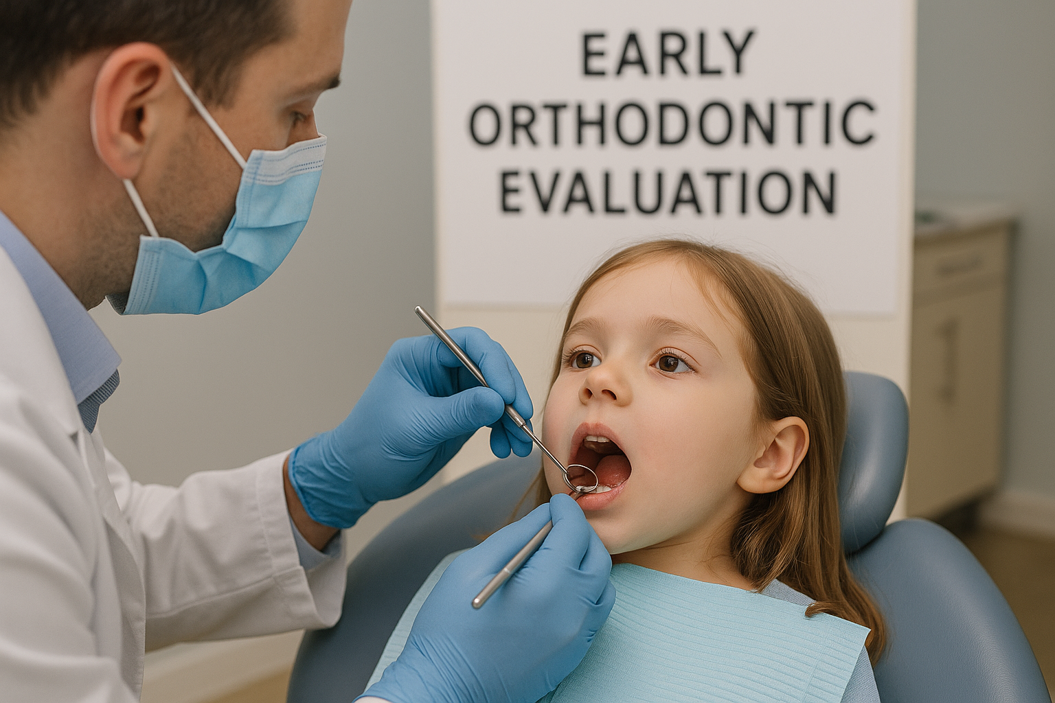 Child receiving early orthodontic evaluation from dentist, highlighting importance of bite and alignment assessment in McKinney, TX.