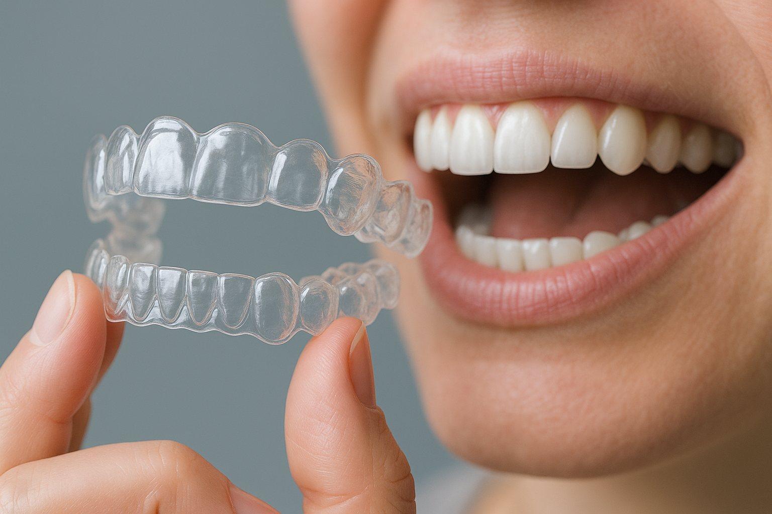 Clear dental aligners being held next to a smiling mouth with straight white teeth, illustrating the discreet teeth straightening solution offered at Ashar Dentistry in McKinney, TX.