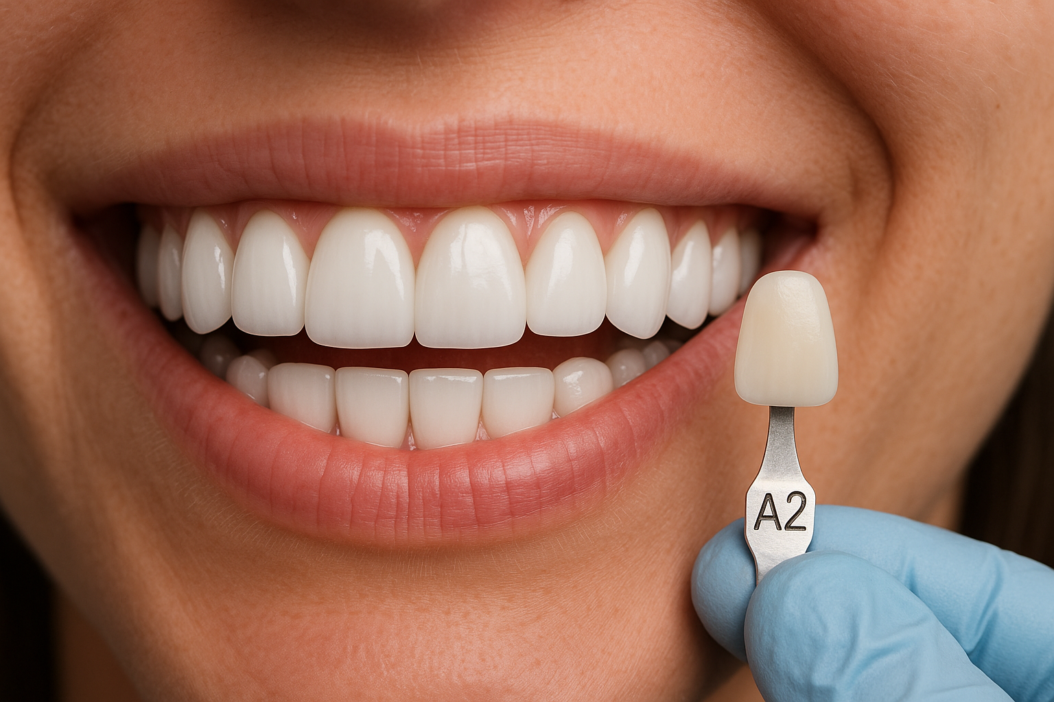 Smiling woman showcasing bright, white teeth with a dental veneer shade guide labeled "A2," emphasizing custom dental veneers at Ashar Dentistry for smile transformation.