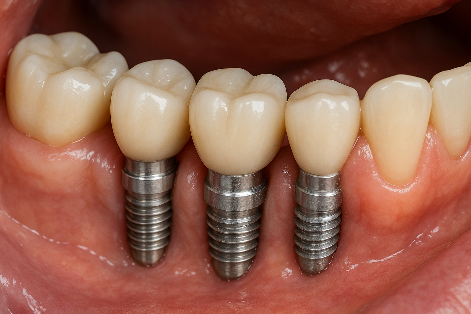Dental implants with natural-looking crowns in a dental setting, showcasing secure tooth replacements for restoring smiles.