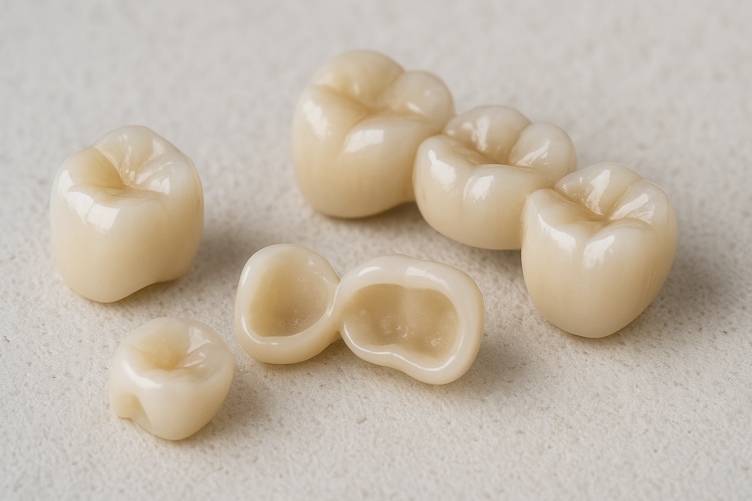High-quality dental crowns and bridges displayed on a neutral background, showcasing realistic details and aesthetics for dental restoration.