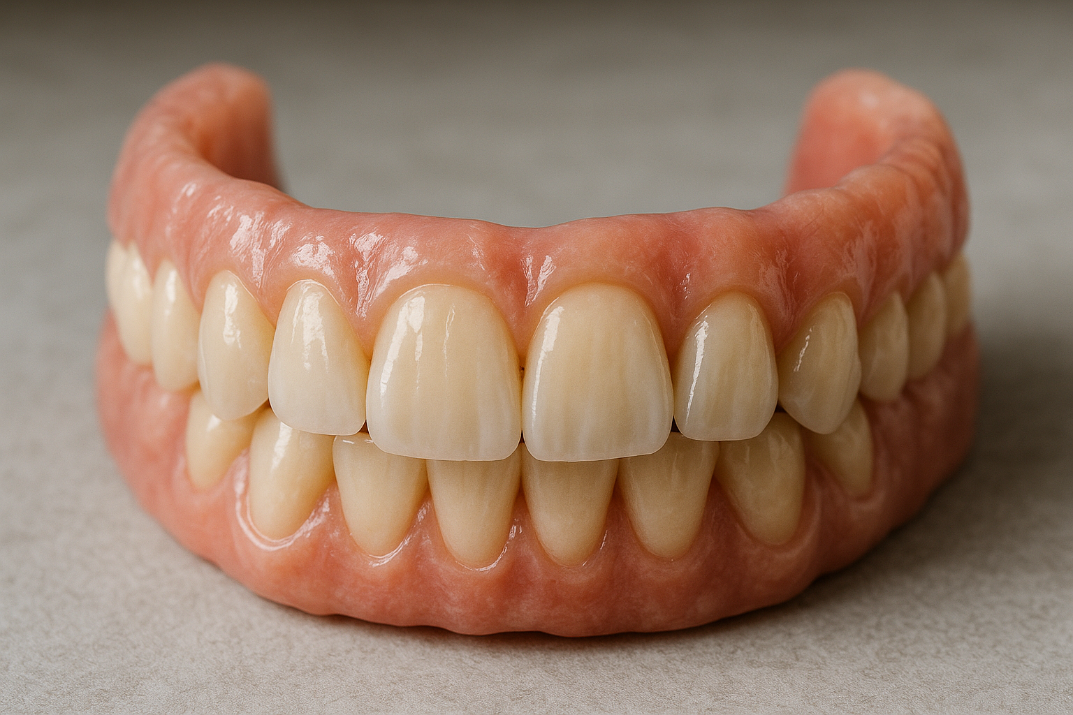 Realistic dental prosthetics showcasing a full set of natural-looking teeth, emphasizing aesthetics and functionality for tooth replacement solutions.