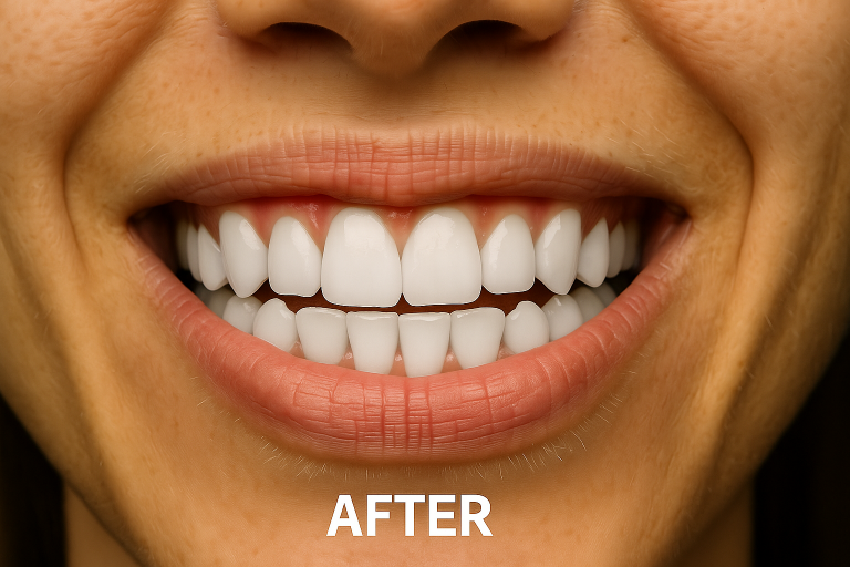 Smiling woman showcasing a stunning smile makeover with bright, white teeth after cosmetic dental treatment at Ashar Dentistry in McKinney, TX.