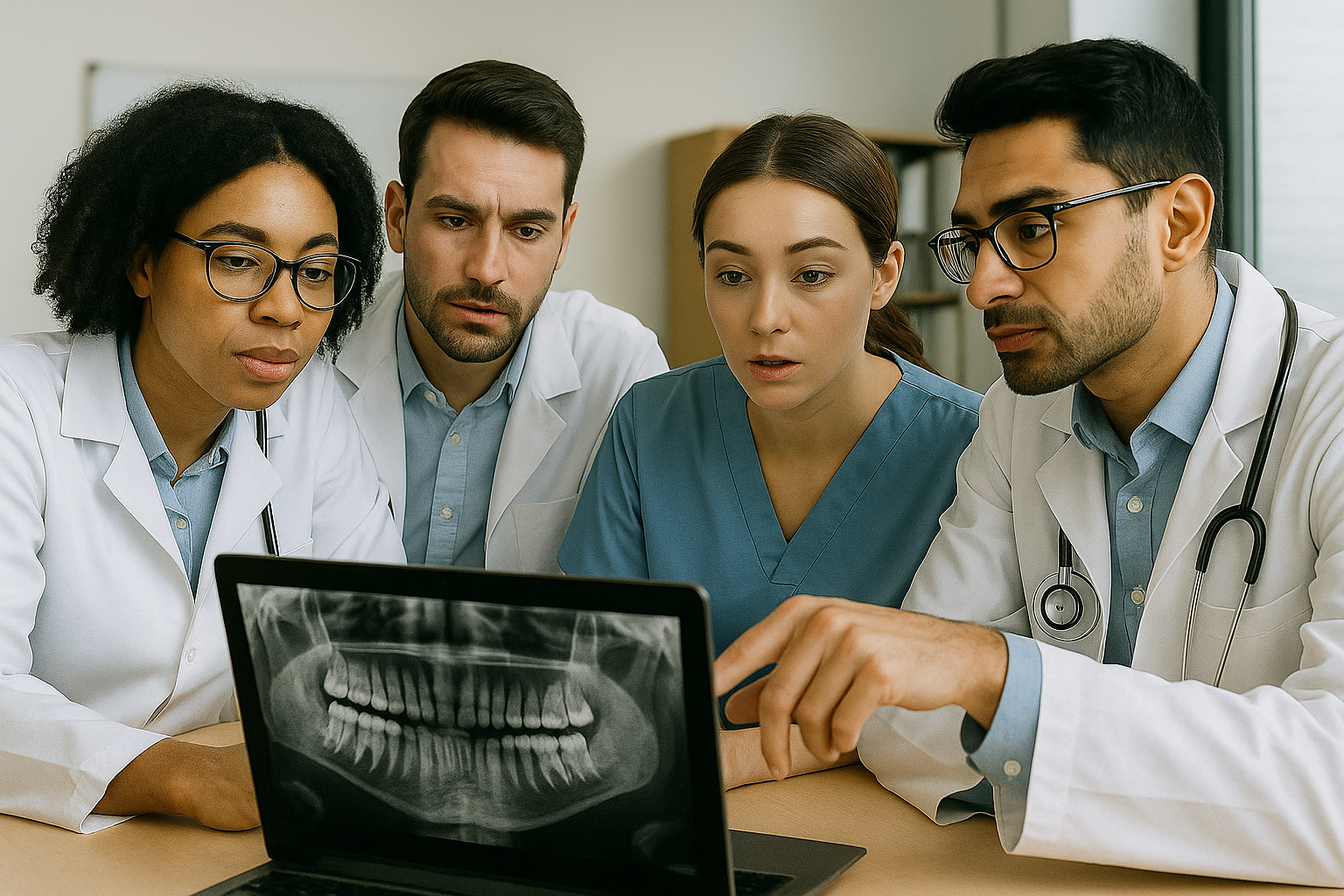 Dental professionals analyzing dental X-ray on laptop, highlighting advanced imaging technology for comprehensive oral health assessments at Ashar Dentistry.