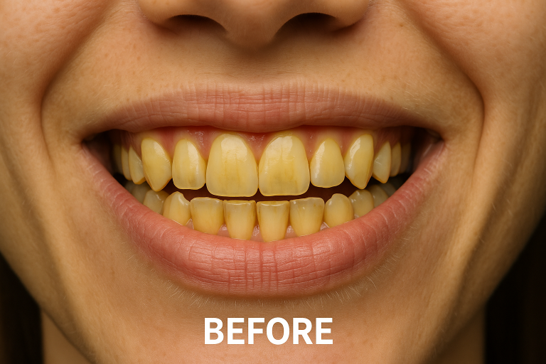 Before image of a woman's smile showcasing yellowed teeth, emphasizing the transformation potential of cosmetic dentistry services at Ashar Dentistry in McKinney, TX.