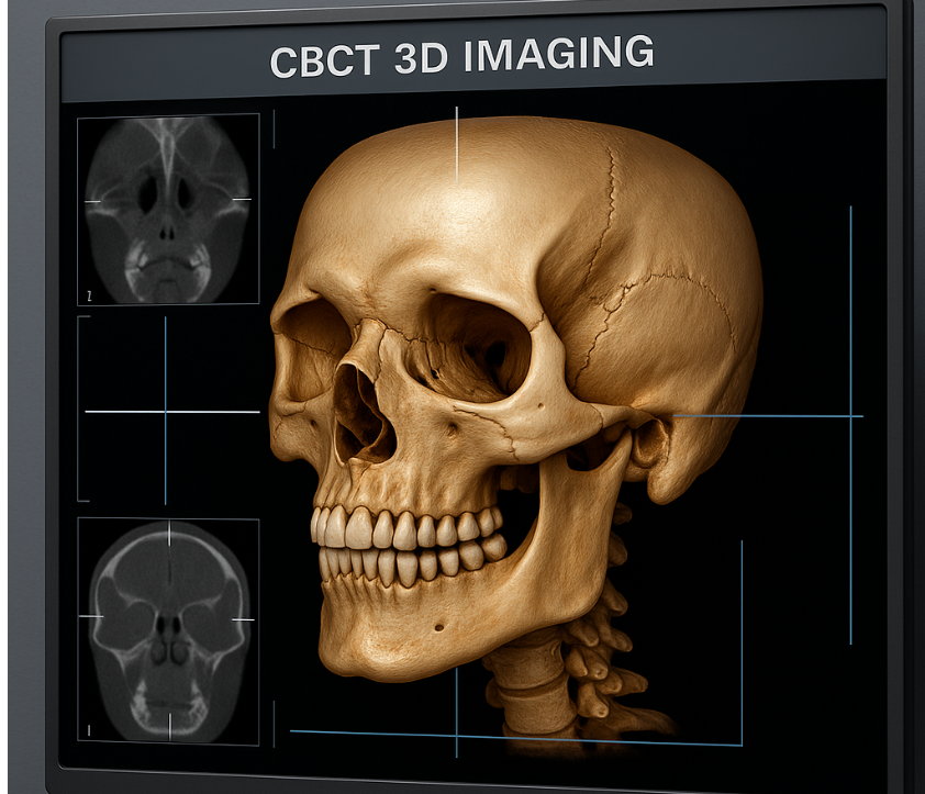 3D CBCT imaging of a human skull with detailed structure, showcasing dental and jaw anatomy, alongside additional views for comprehensive dental assessments.