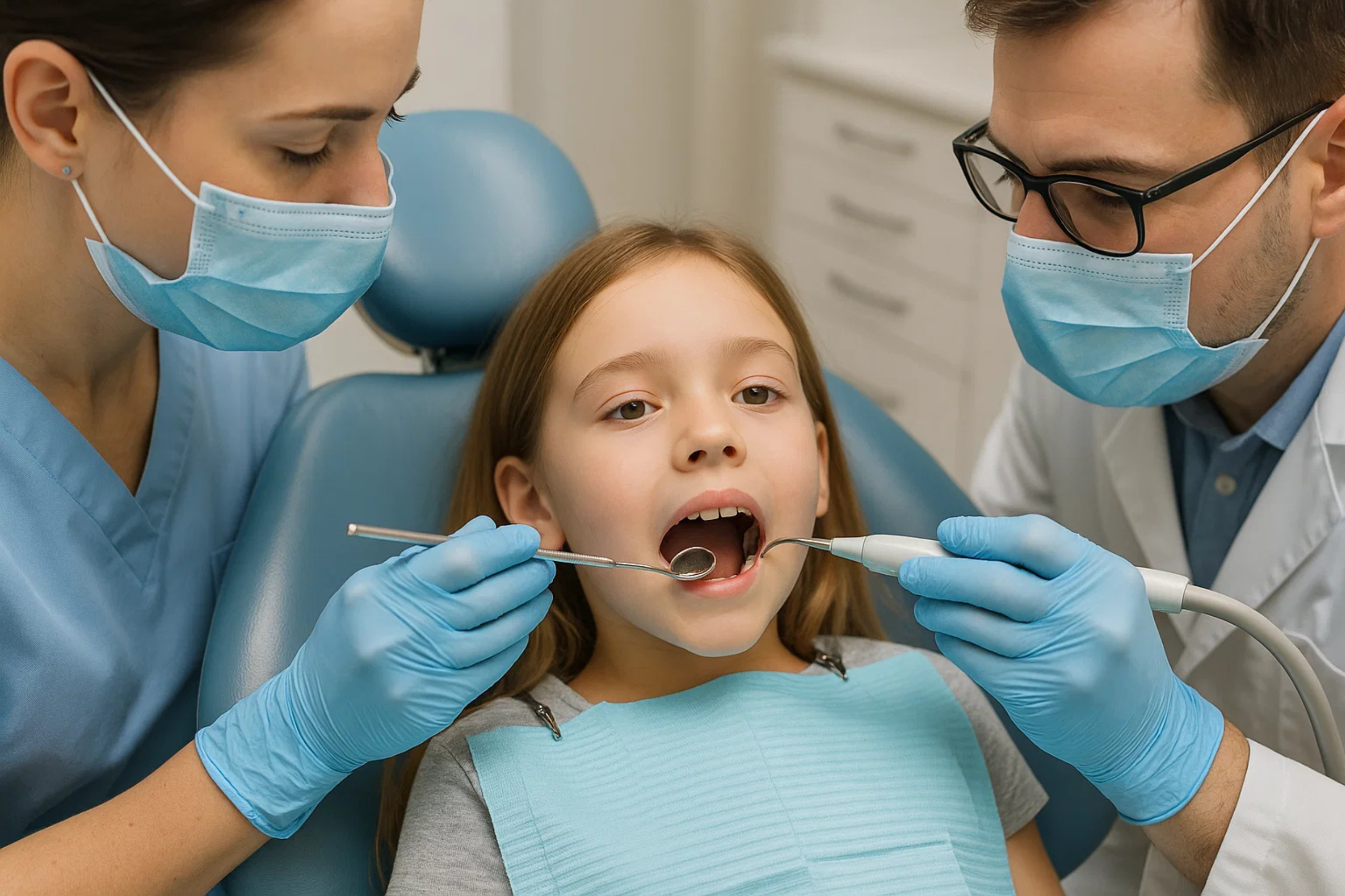 Child receiving dental exam and cleaning at pediatric dental office, with dentist and assistant using dental tools, promoting healthy smiles and oral hygiene.