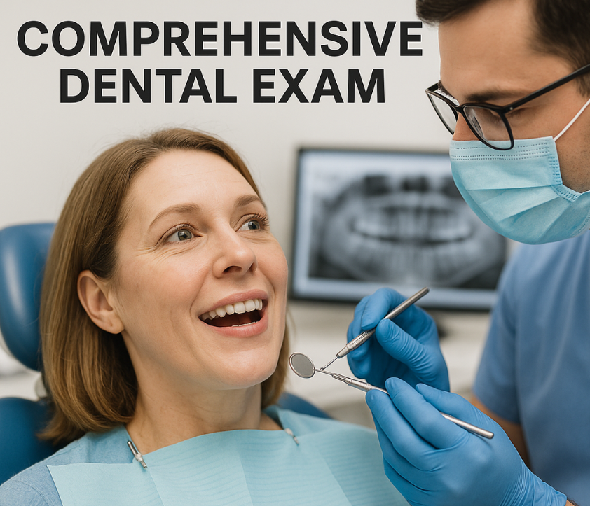 Woman smiling during a comprehensive dental exam, dentist using dental instruments, dental X-ray displayed in background, emphasizing thorough oral health assessment at Ashar Dentistry.