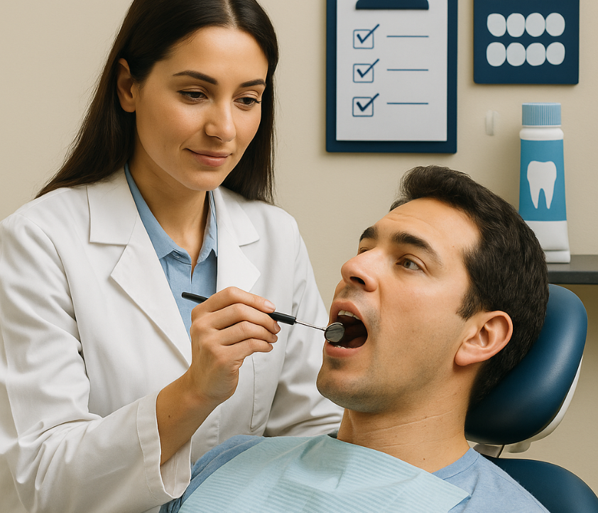 Dentist examining a patient's mouth with dental tools in a modern dental office, emphasizing comprehensive exams for optimal oral health at Ashar Dentistry in McKinney, TX.