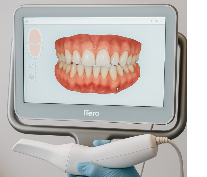 Digital iTero® intraoral scanner displaying a detailed 3D model of teeth and gums, illustrating real-time dental evaluation and treatment simulation at Ashar Dentistry.