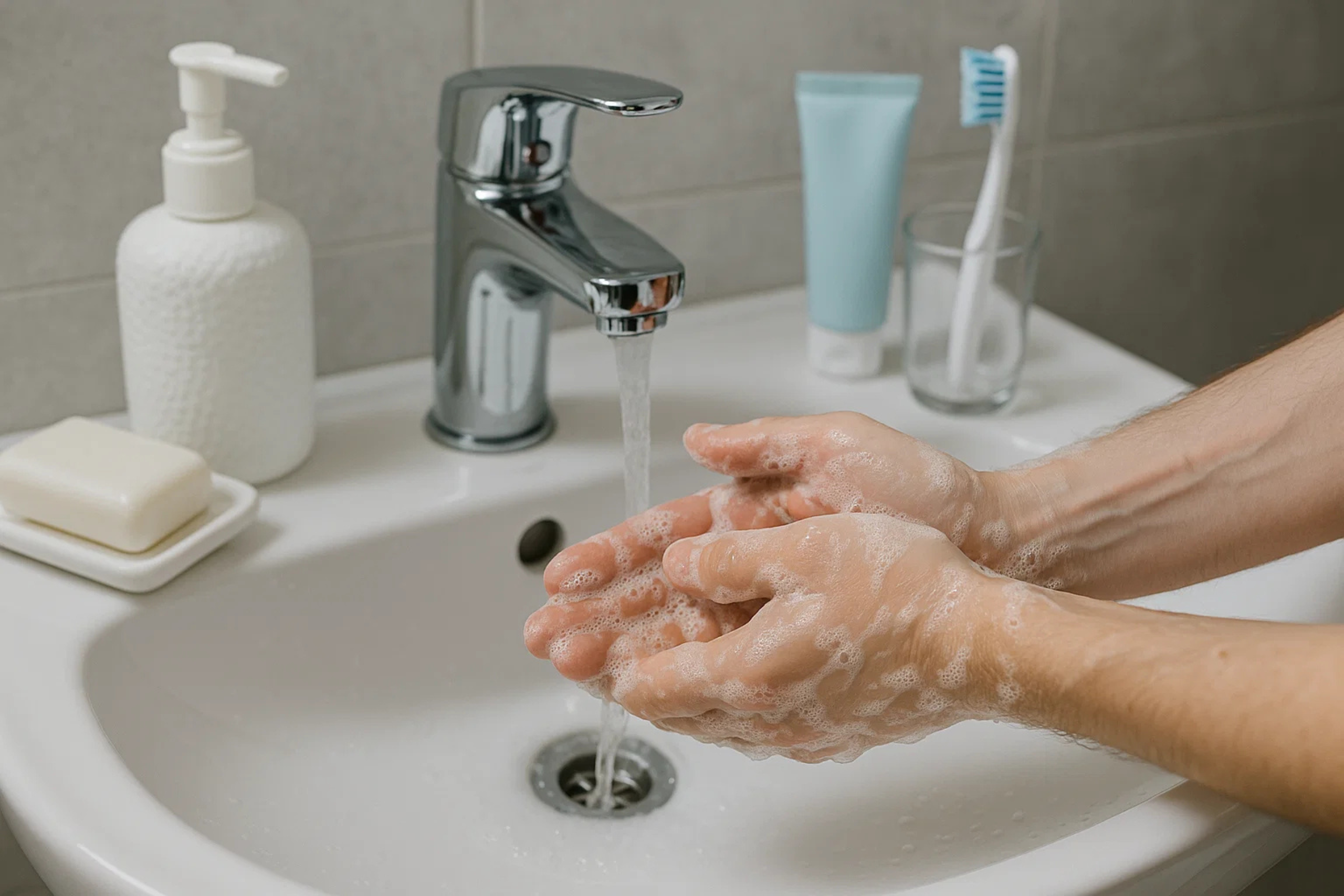 Person washing hands with soap at a sink, emphasizing hygiene and cleanliness, relevant to dental care and preventive health practices at Ashar Dentistry.