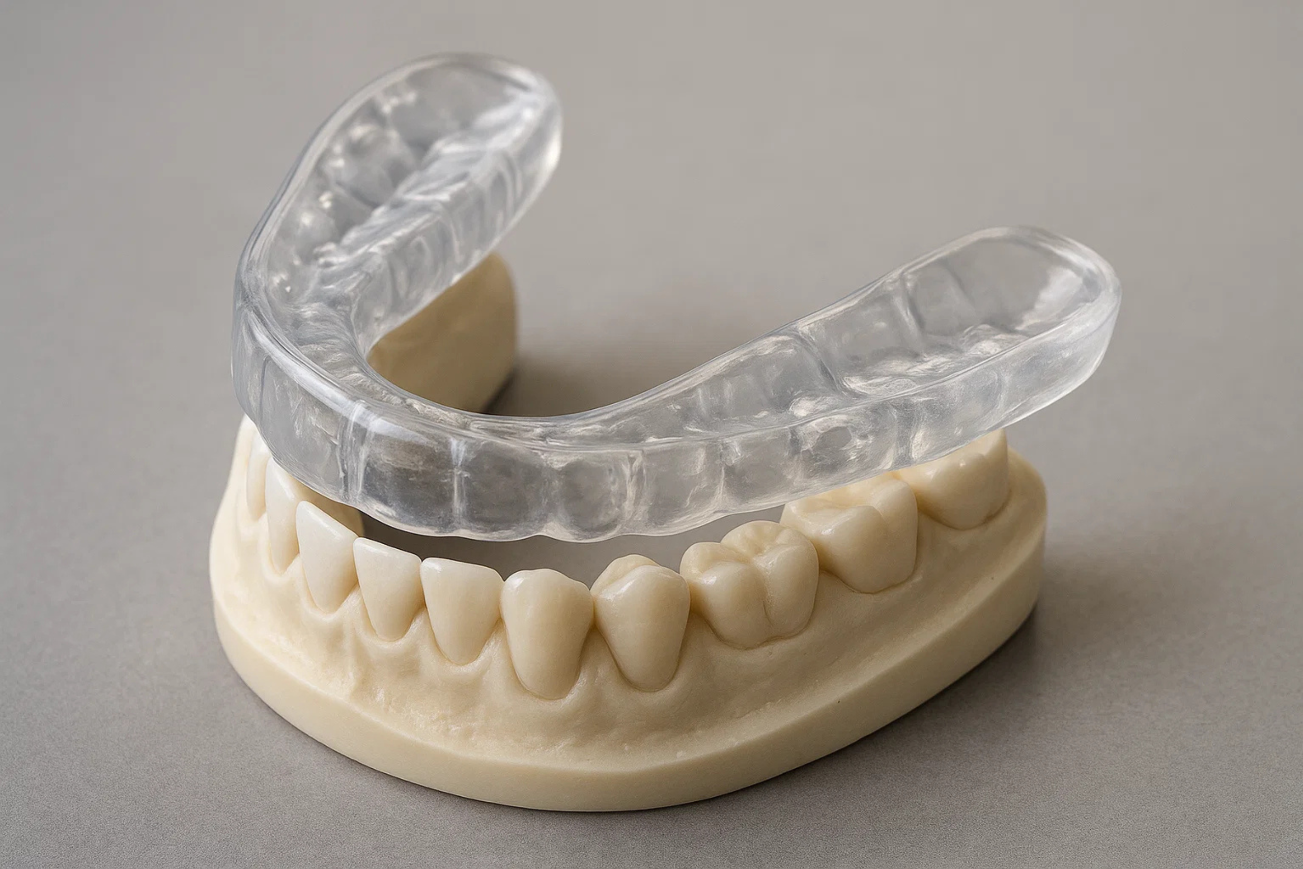 Custom night guard positioned on a dental model, illustrating protection against teeth grinding and jaw clenching.