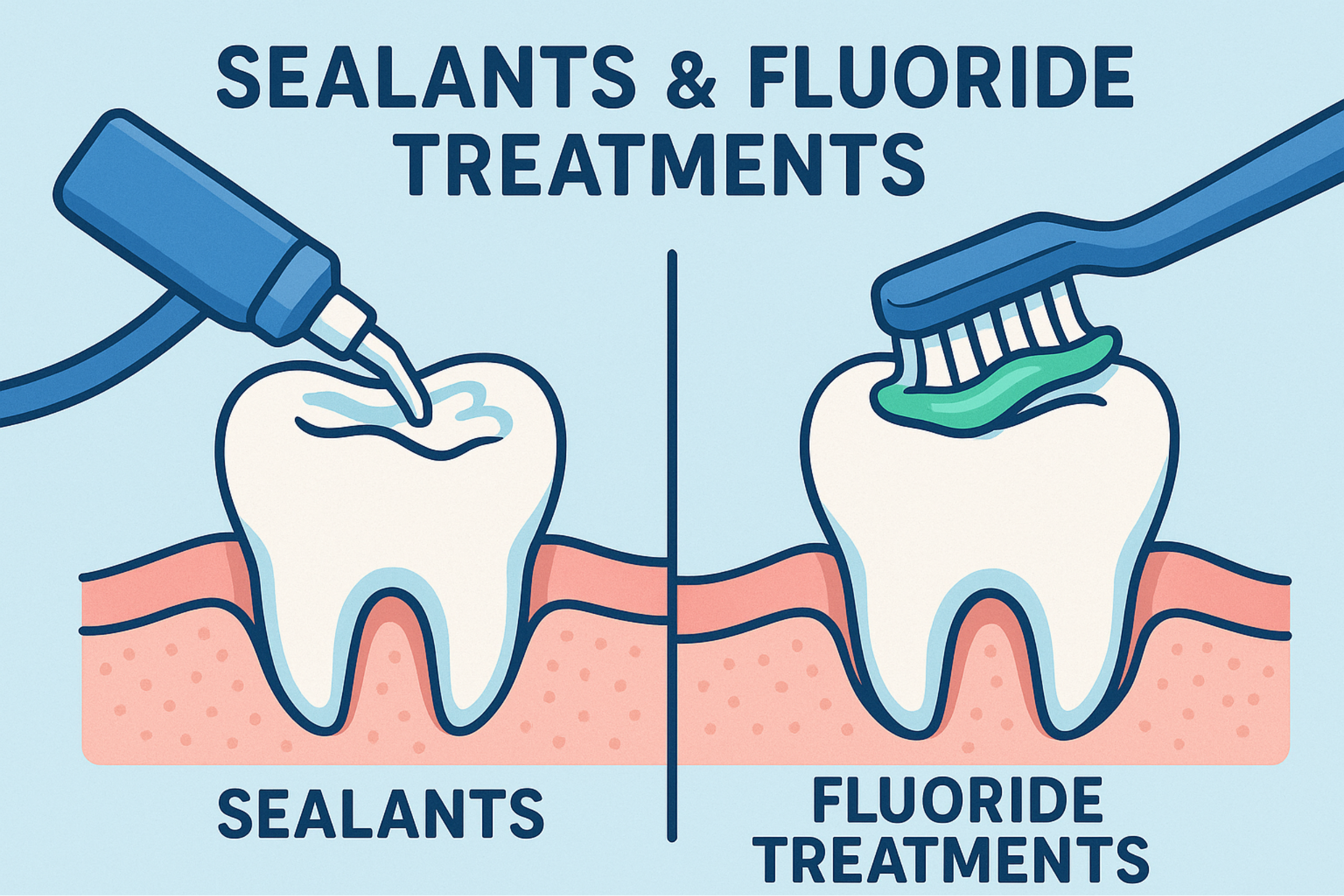 Sealants and fluoride treatments illustrated on a tooth, showing application process with a sealant tool and toothbrush, emphasizing dental care for cavity prevention at Ashar Dentistry.