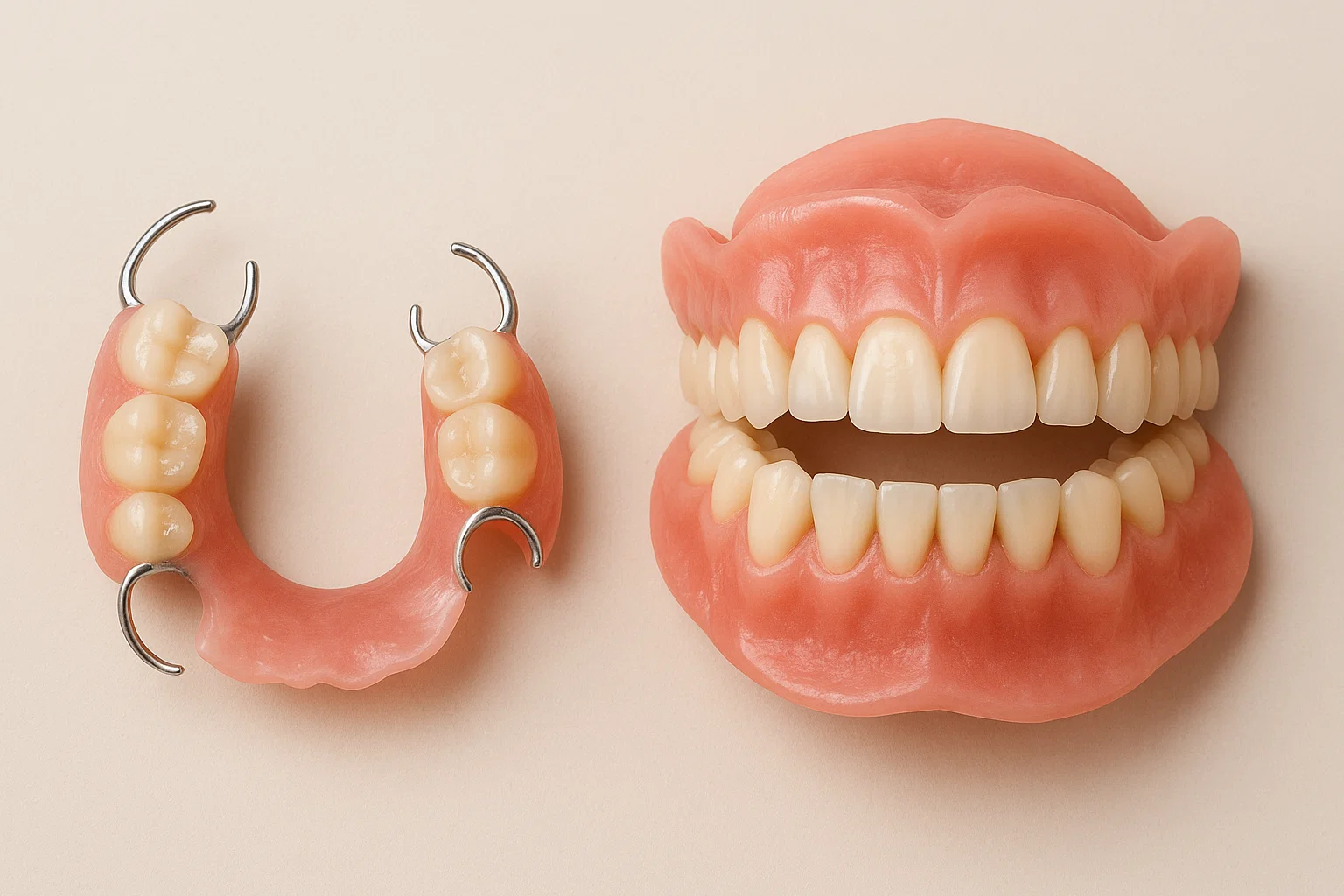 Partial and full dentures displayed side by side, showcasing custom dental solutions for improved smile and oral function at Ashar Dentistry.