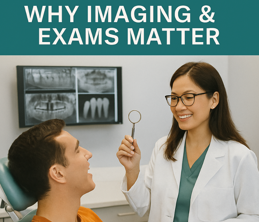 Dental exam scene with a smiling patient in an orange shirt and a dentist in a white coat holding a dental mirror, with X-ray images of teeth in the background, illustrating the importance of imaging and exams at Ashar Dentistry.