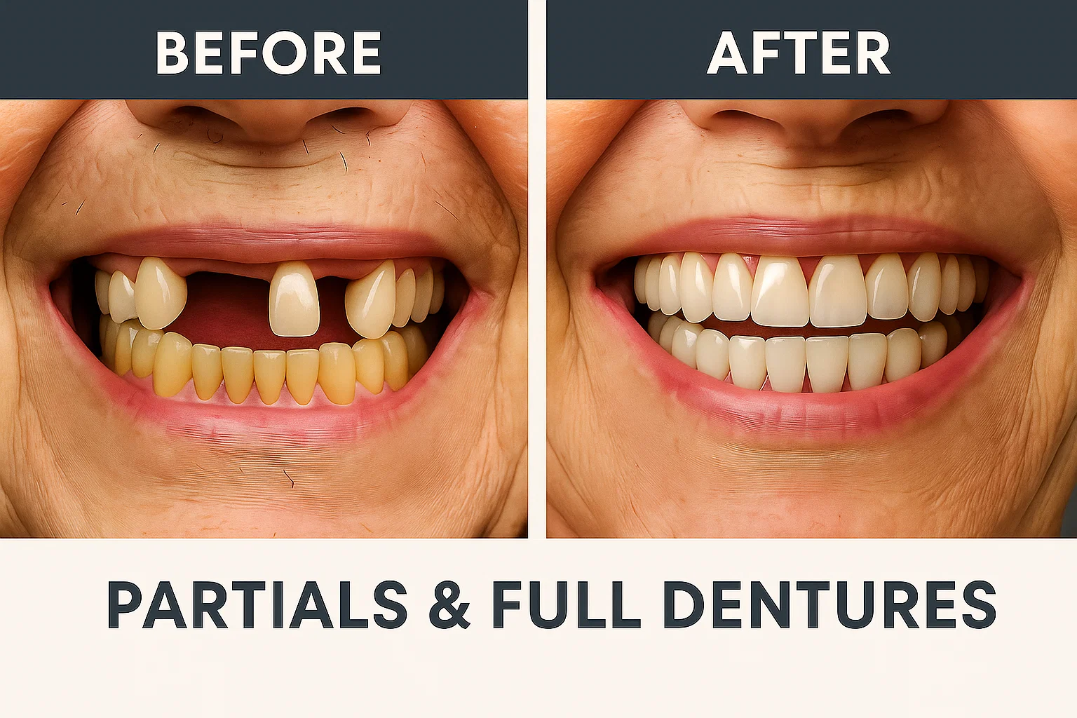 Before and after images of a smiling person showing significant dental improvement with partials and full dentures, highlighting restored smile aesthetics and functionality.