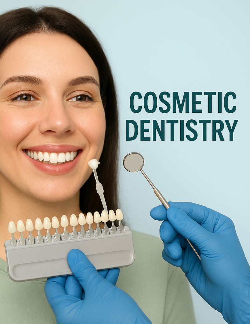 Smiling woman with a bright smile, holding a shade guide for cosmetic dental treatments, with a dental mirror in the other hand, showcasing cosmetic dentistry options.